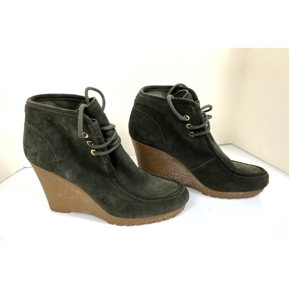 Michael Kors Size 8 Wedge Booties Green Gray Suede Lace-Up Platform Ankle Great!